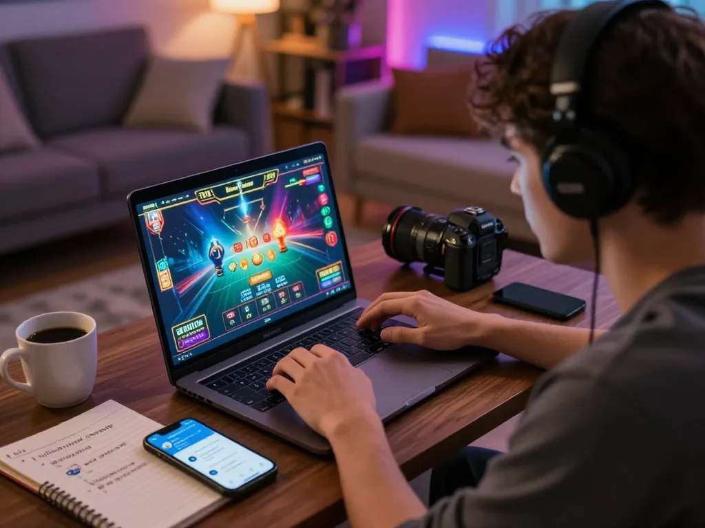 Engaged player enjoying BL555 online gaming experience in a modern home setting, laptop glowing, strategy notes nearby.