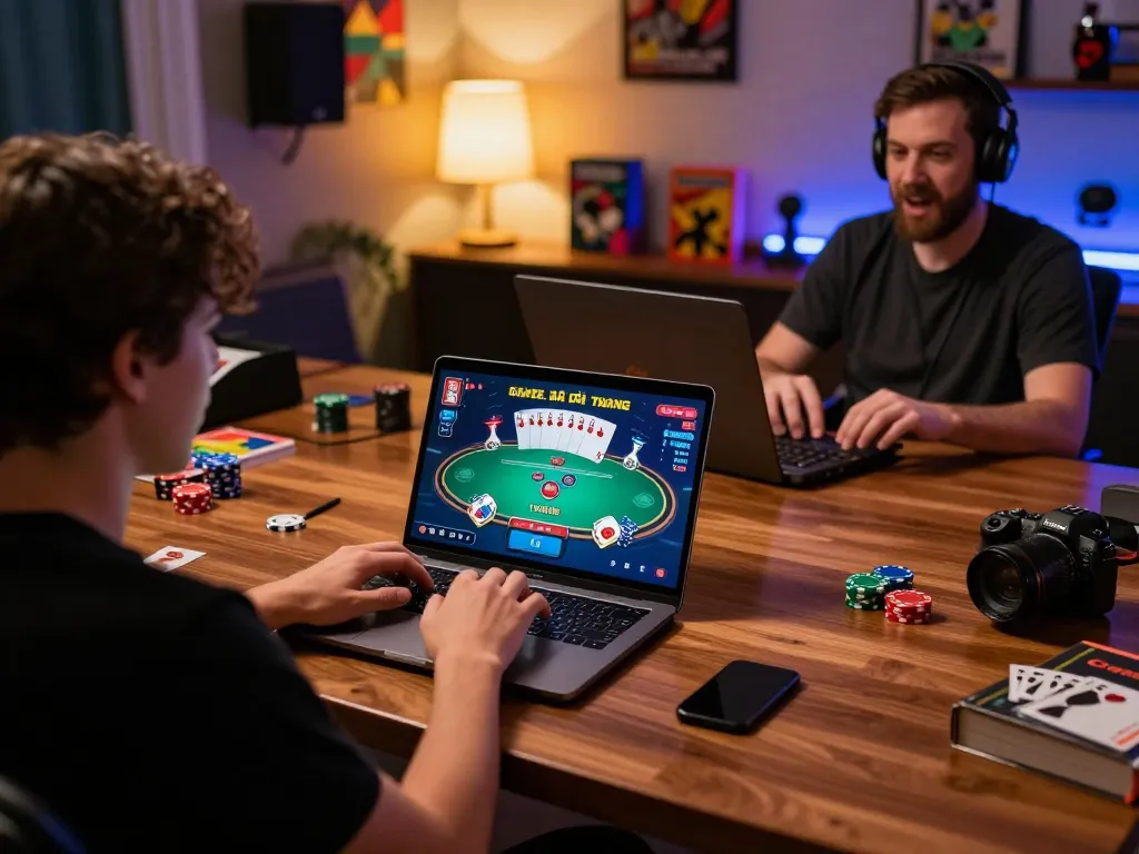 Engaging in Game Bài Đổi Thưởng online gaming on a laptop with colorful interface and focused atmosphere