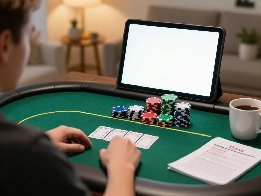 Engaging player managing chips while enjoying Ricbet online poker game at home