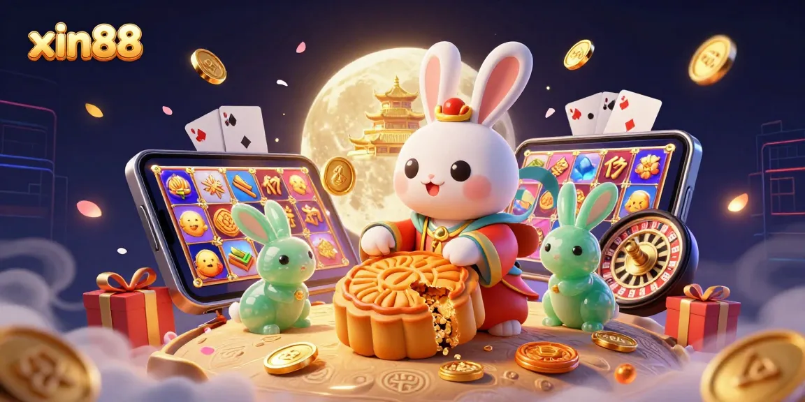Engaging xin88 casino scene with a moon rabbit, vibrant gaming elements, and rich details.