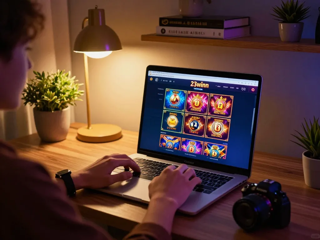 Experience gaming excitement and strategic wins with 23winn casino interface in a cozy home setup