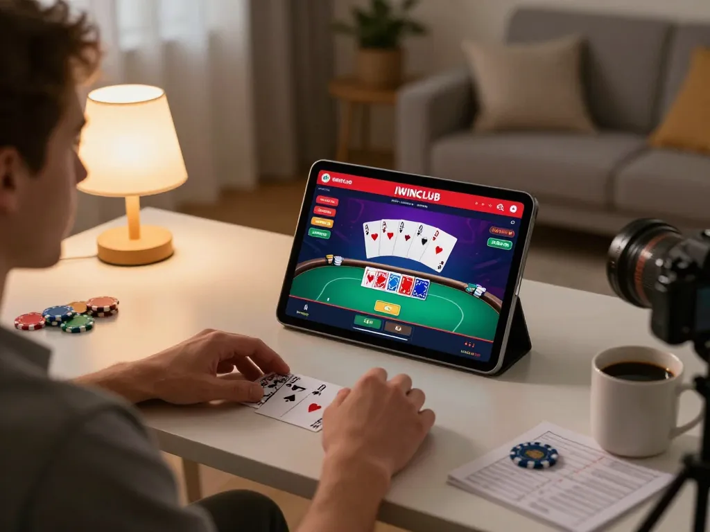 Player engaging with IWINCLUB app on tablet, showcasing online poker game.