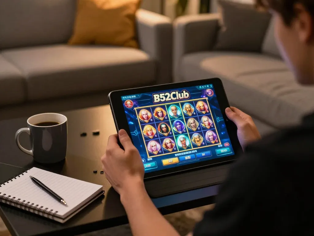 B52Club player engaging in a thrilling online slot game from a cozy living room