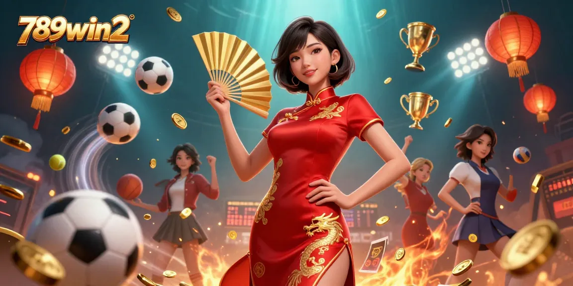 Engage in thrilling gaming action at 789win2, featuring a confident woman amidst vibrant gambling icons.