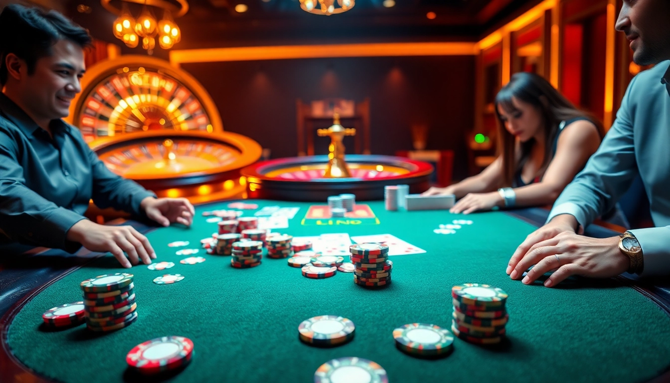 Engaging poker table and roulette wheel showcasing the excitement of LC88 COM.