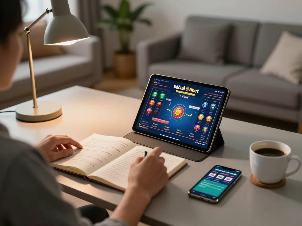 Engaging online gaming scene on nhà cái 9bet, showcasing a cozy setup with a person using a tablet