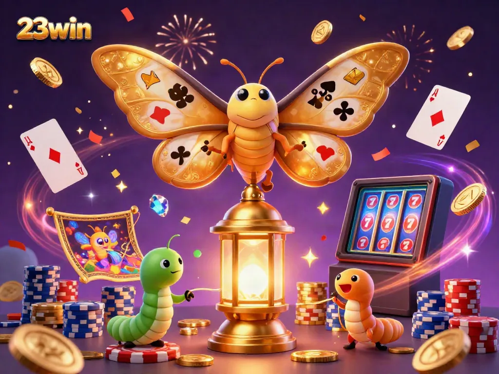Experience thrilling gaming with 23win as a colorful moth embodies casino vibes in a dazzling scene.