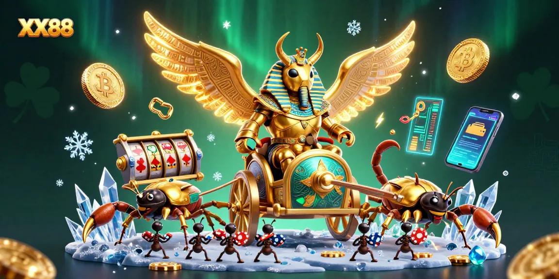 Experience the thrill of XX88 as a golden scarab beetle and scorpions evoke excitement in this vibrant casino-themed scene.