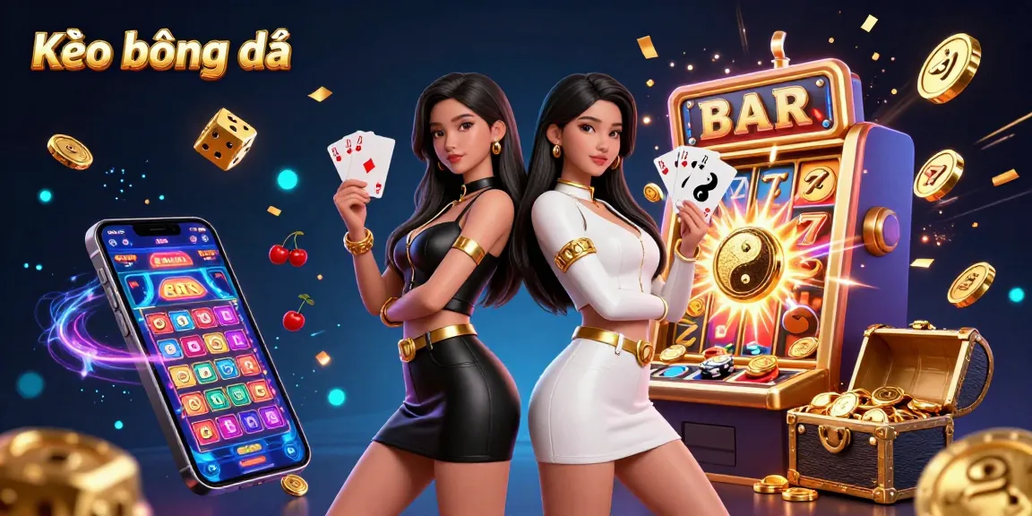 Kèo bóng đá comes alive in a dynamic scene featuring twin Asian women with playing cards, vibrant casino elements, and a jackpot burst.