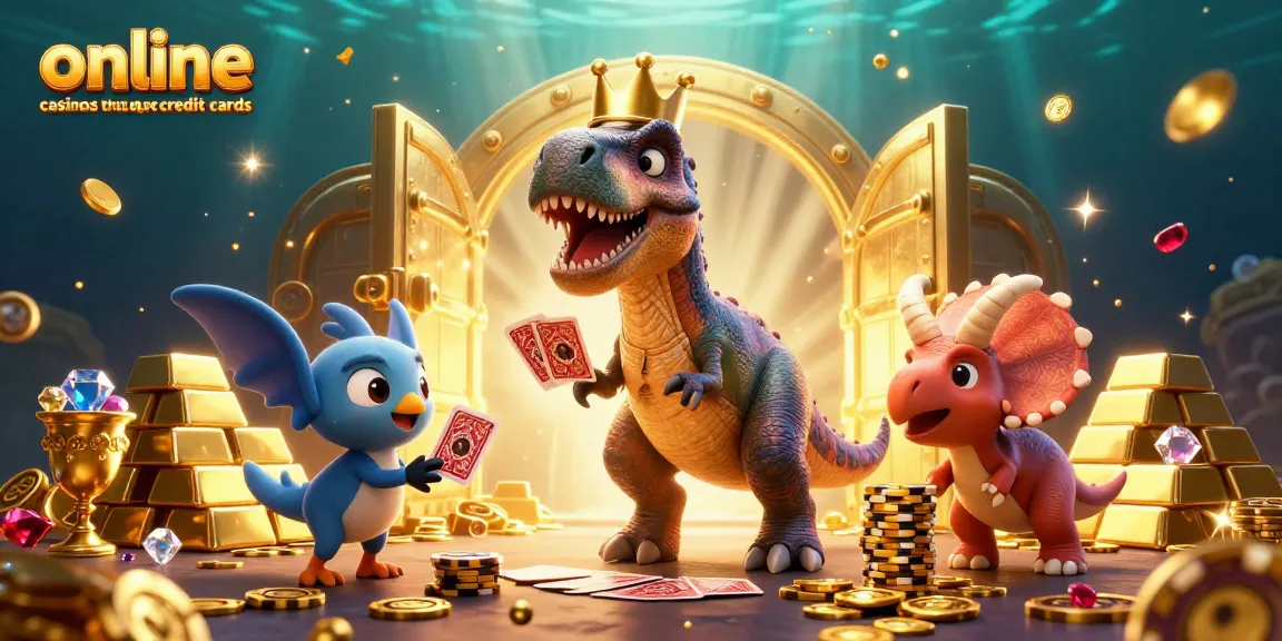 Experience the excitement of online casinos that accept credit cards with playful dinosaurs in a vibrant casino scene.
