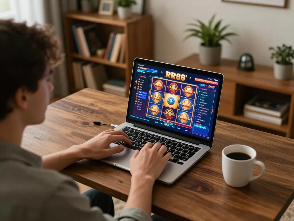 Engaging in online RR88 gaming on a laptop, showcasing vibrant slot game action and a cozy setup.