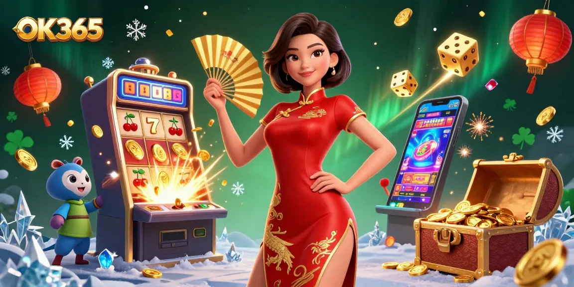 Win big with OK365 at the vibrant casino scene featuring luxurious slot machines and golden treasures.
