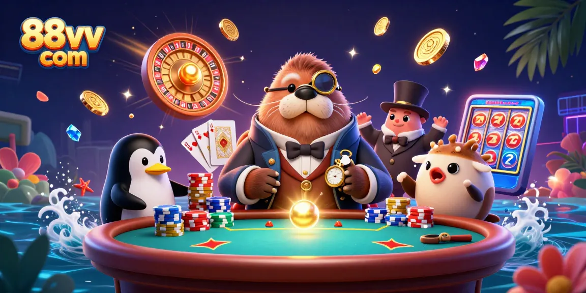 Engage in thrilling underwater poker with the charming walrus at 88vv com while enjoying vibrant casino-themed elements.