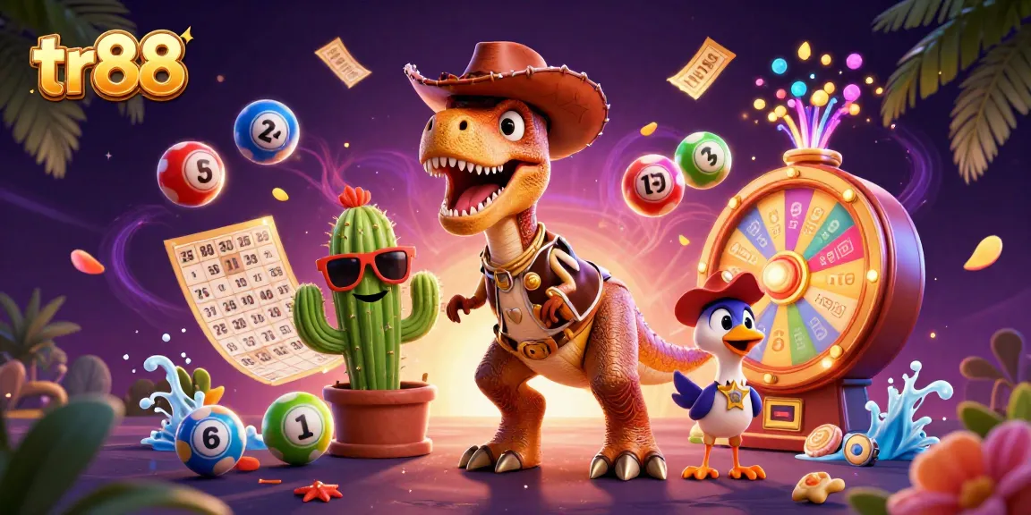 Experience the excitement of tr88 with a vibrant 3D illustration depicting a T-Rex and friends among colorful lottery elements.