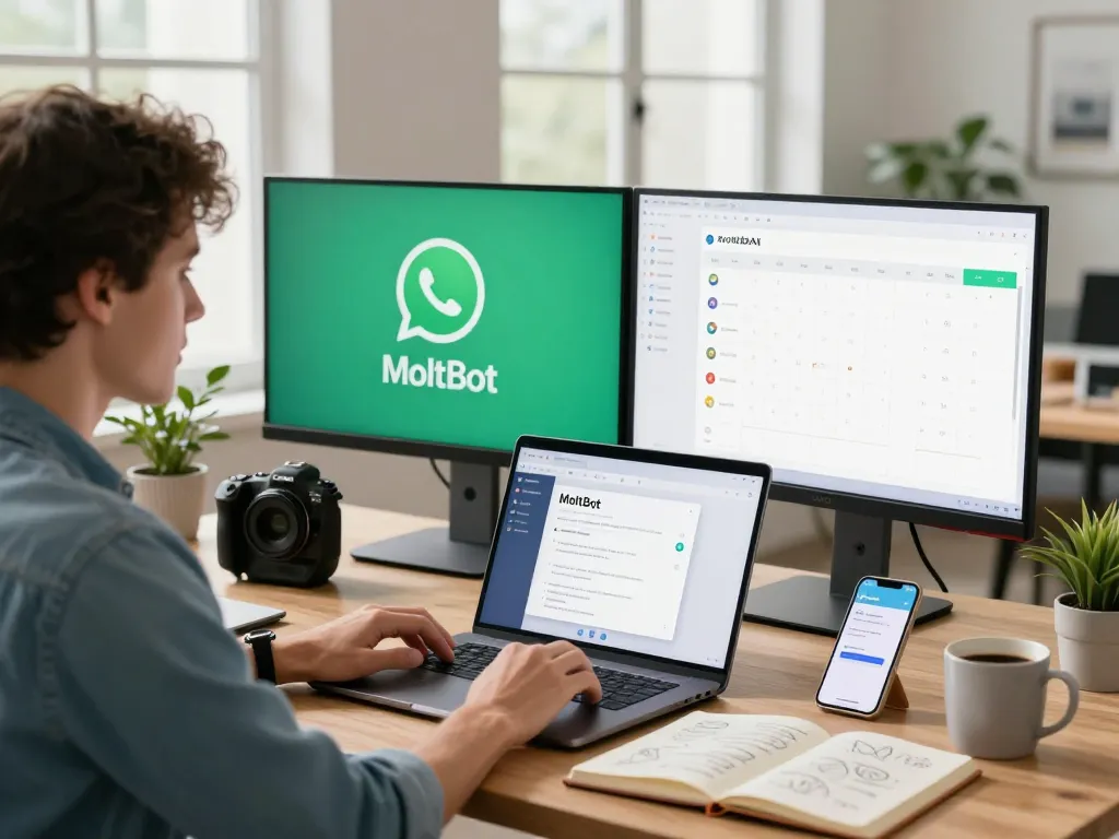 Engaging home office with a user interacting with Moltbot AI, showcasing productivity tools and technology.