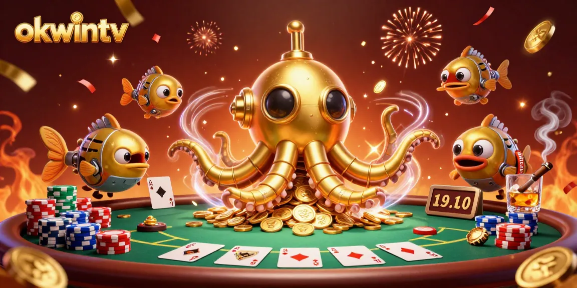 Engage with the exciting world of okwintv featuring a golden kraken submarine and poker elements.