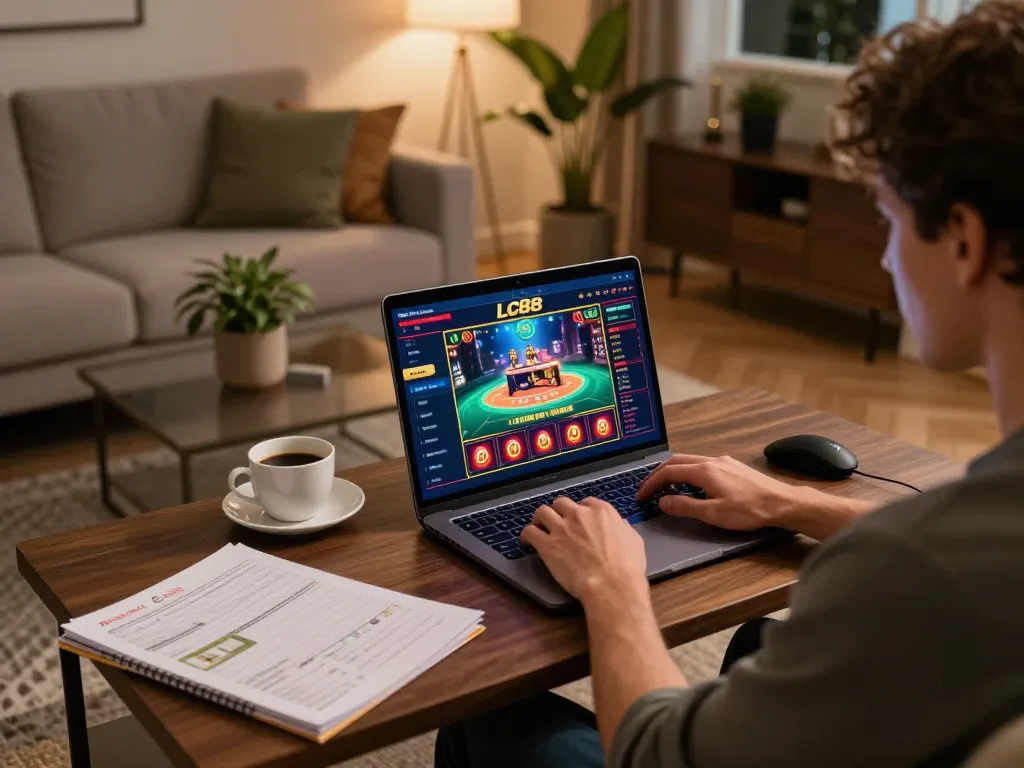 Engaging in online gaming at LC88 casino from a cozy home setting, highlighting a player focused on strategy.