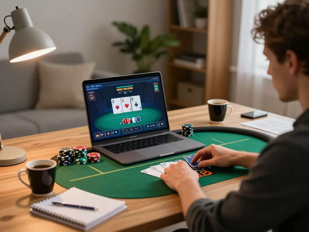 Engaging online poker gameplay on MM88 platform, showcasing strategic betting in a cozy home office.