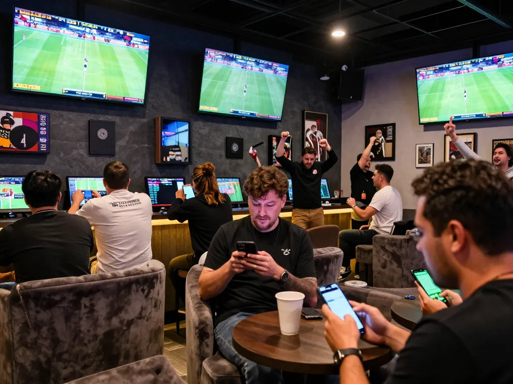 Engaged bettors using ZBET app in a lively sports betting lounge, screens showing live sports.