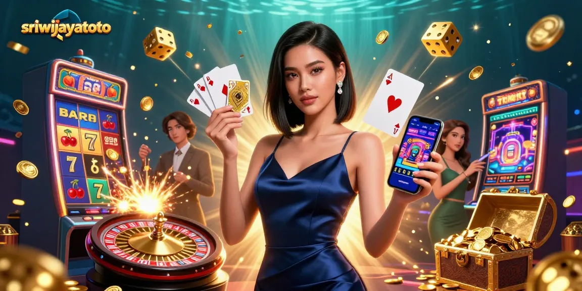Experience thrilling wins with sriwijayatoto in this vibrant casino illustration showcasing slot machines and games.