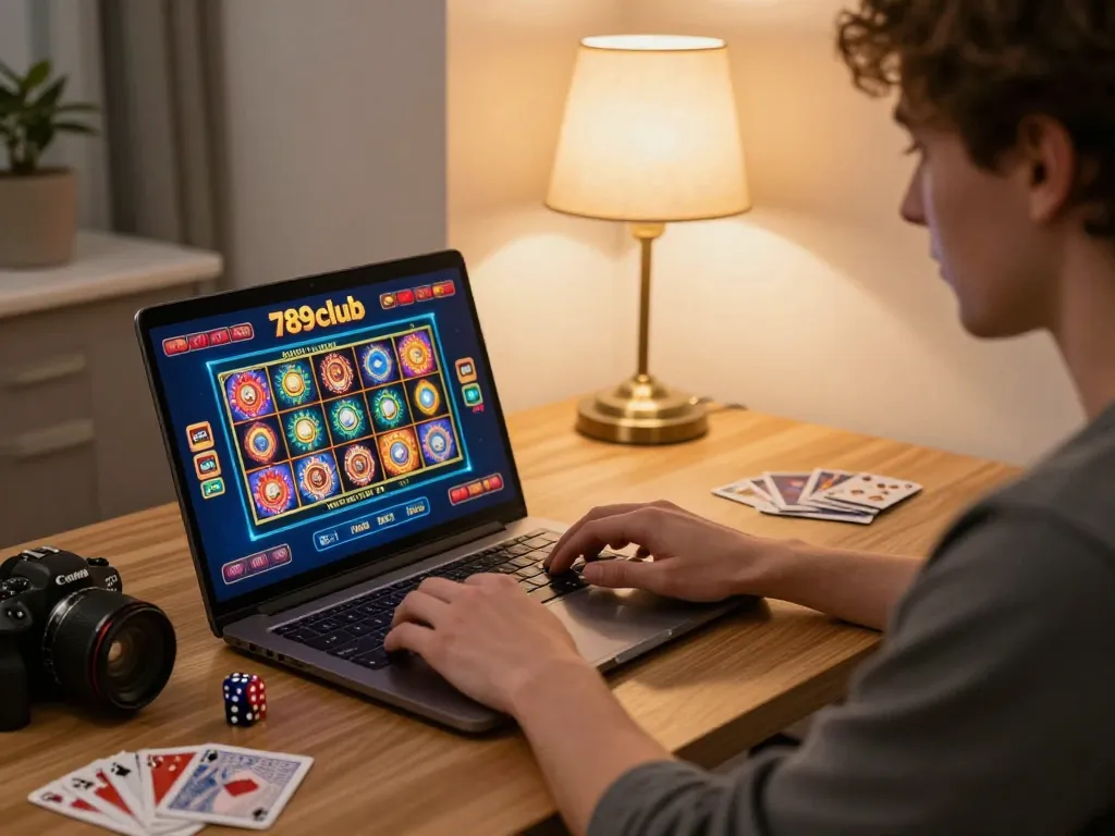 Engaging in a live casino game on 789club, showcasing vibrant online gaming interface and cozy home setup.