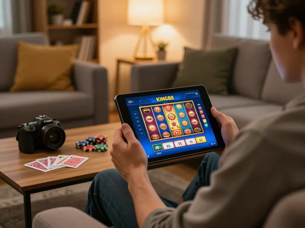 Engaging in online gaming at KING88, a player strategizes while enjoying cozy home vibes.