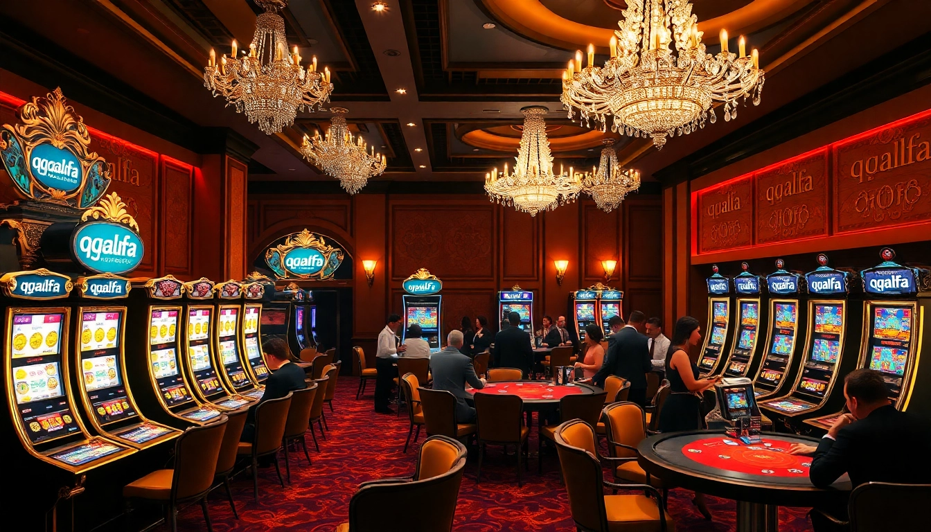 Players enjoying the qqalfa slot machines in a luxurious casino environment.