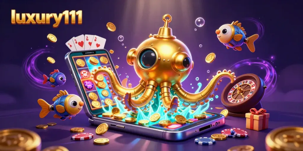 Experience exciting wins at luxury111 with a vibrant underwater casino scene featuring slots and golden coins.