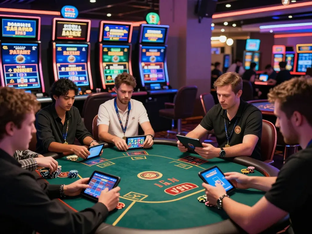 Exciting online gaming experience at 23win casino with players engaging in poker and baccarat while enjoying vibrant digital displays.