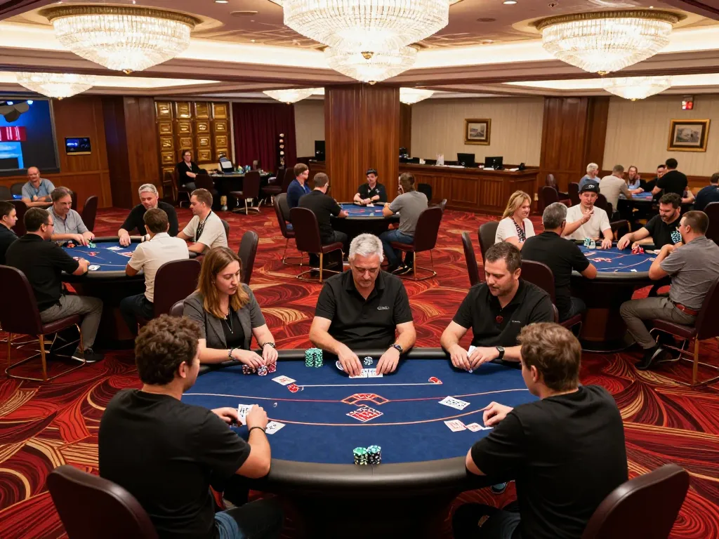Excited players engaging in the dynamic atmosphere of 8day poker tournament inside a luxurious casino