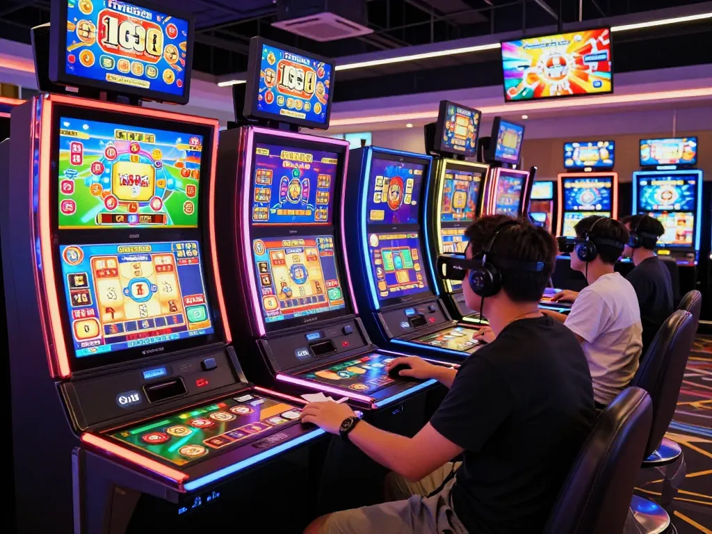 Exciting GI8 online gaming scene with players engaged in vibrant slot games and neon lights.