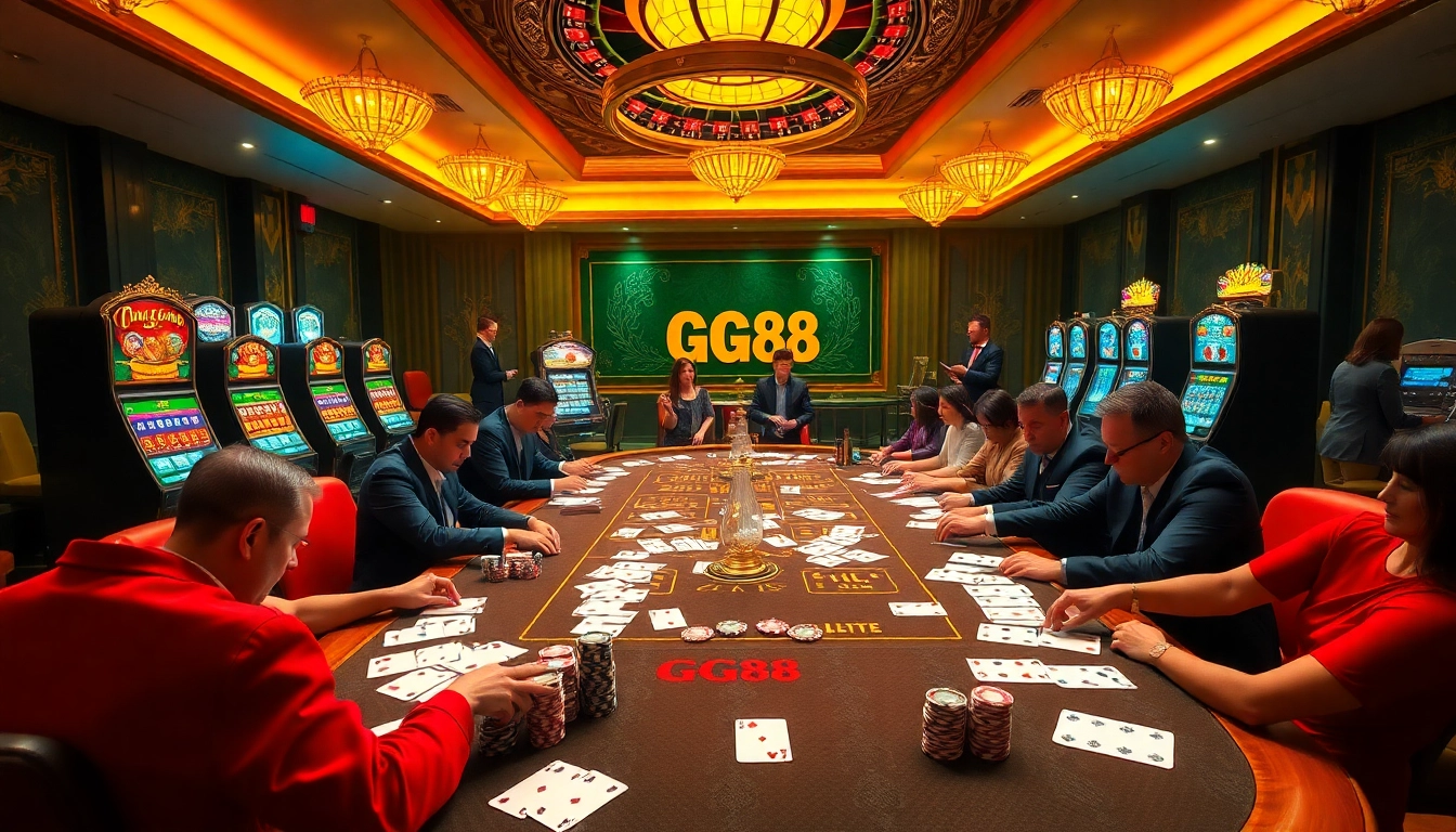 Players experiencing thrilling gameplay at GG88 casino with vibrant tables and high-stacked poker chips.