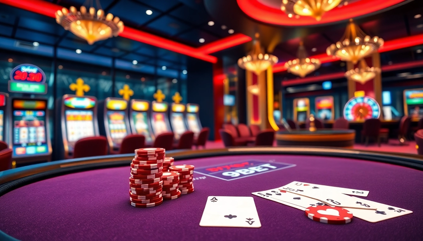 Experience thrilling gameplay on https://9bet.today/ with vibrant casino tables and poker chips.