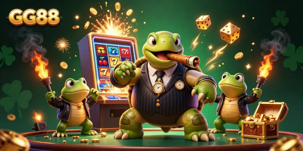 Experience the excitement of GG88 with a snapping turtle dealer and jackpot slot machine explosion.