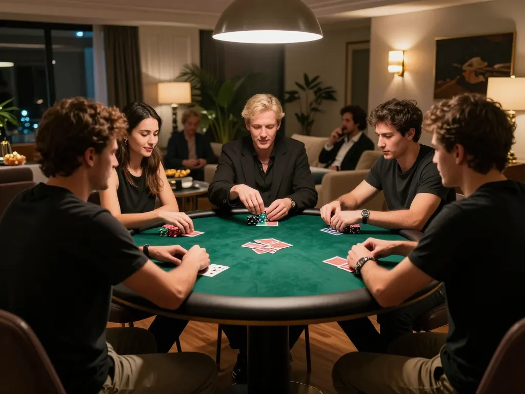 Players engaging in strategic poker gameplay at a private home poker night featuring hitclub.