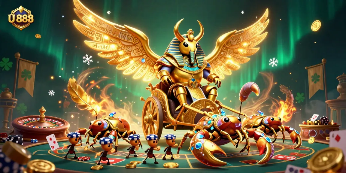 Experience U 888 excitement with a colossal golden scarab beetle in a vibrant casino scene.