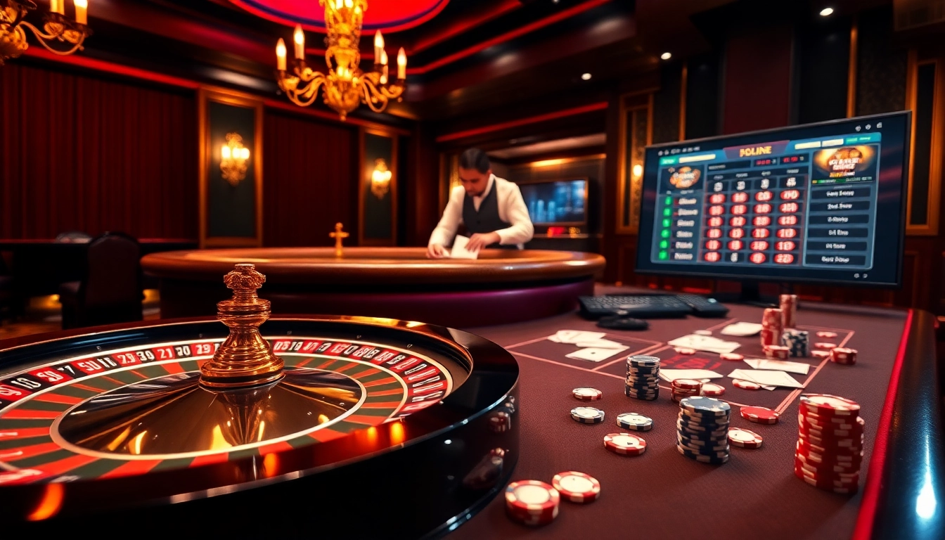 Engaging casino scene showcasing keo nha cai with roulette wheel and poker chips.