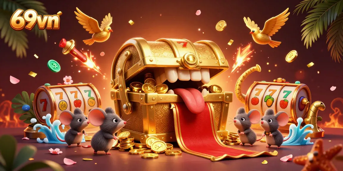 Experience the thrill of 69vn with a vibrant slot-themed illustration, showcasing jackpots and coins.
