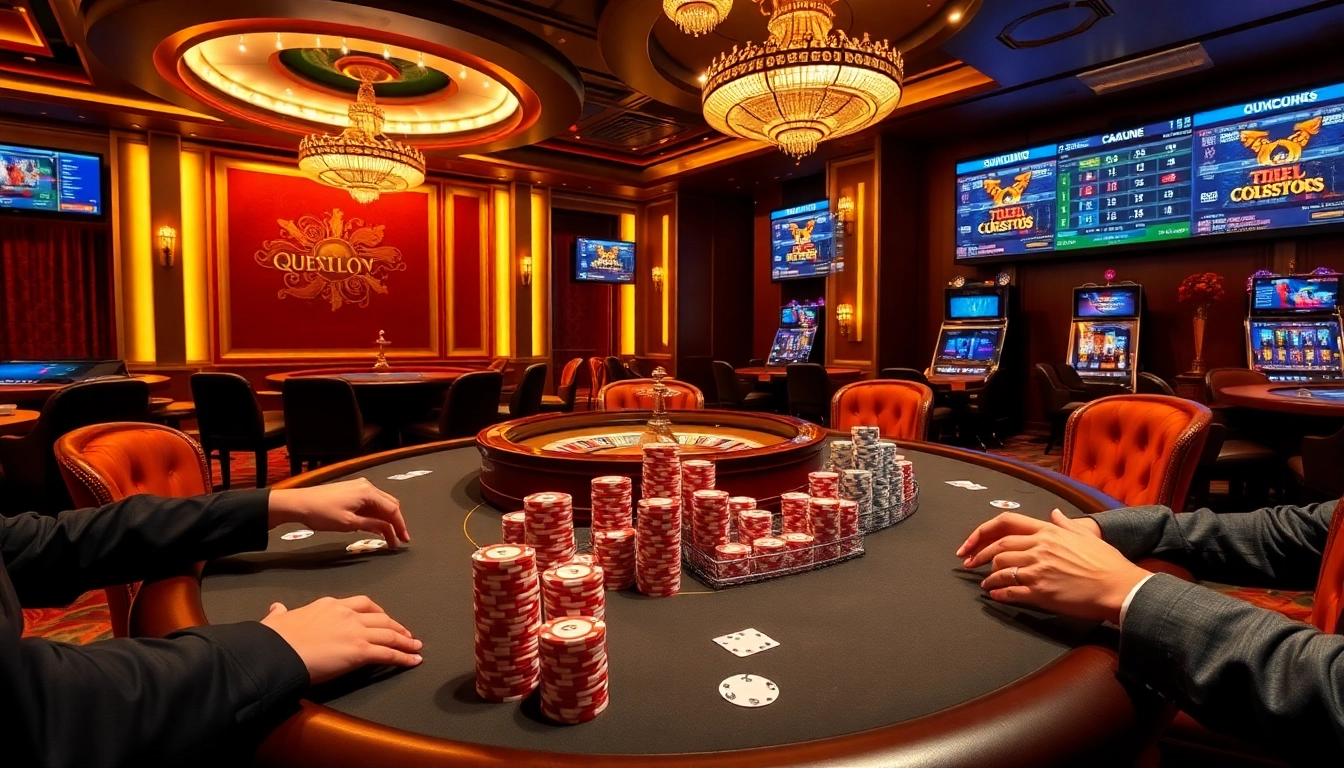 Experience the excitement of QQ88 with poker chips and a roulette wheel in a luxurious casino setting.