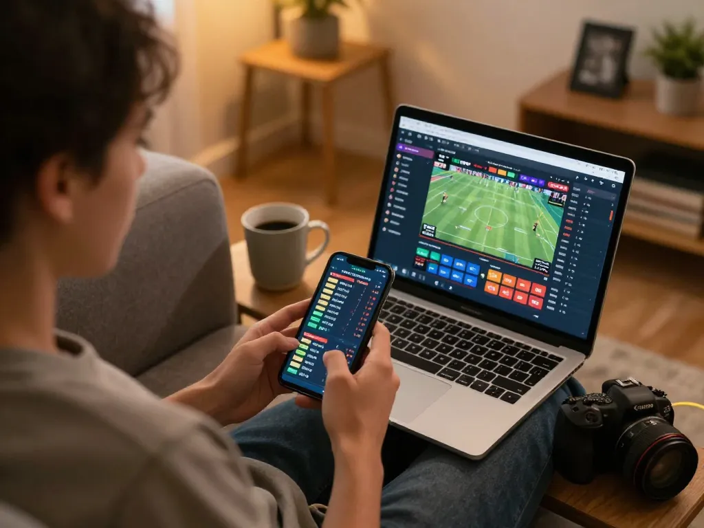 VIPWIN user engaging in live sports betting on smartphone, showcasing a cozy home atmosphere and strategic gaming.