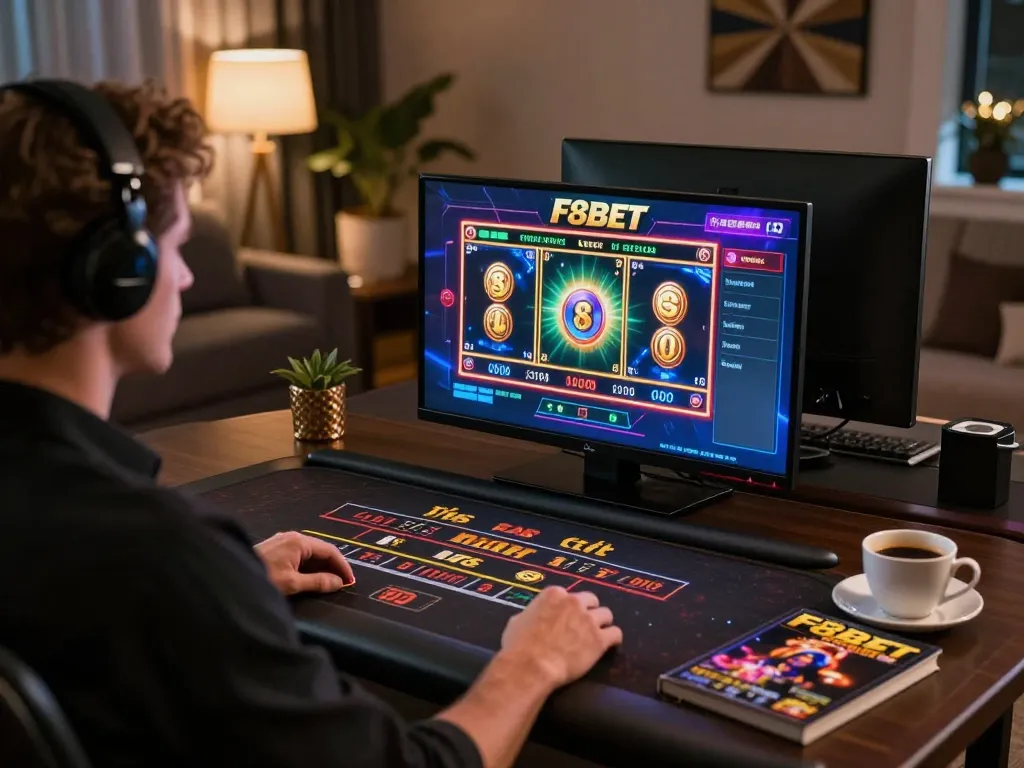 Engaging in F8BET online gaming with multiple screens showcasing various casino games for immersive play
