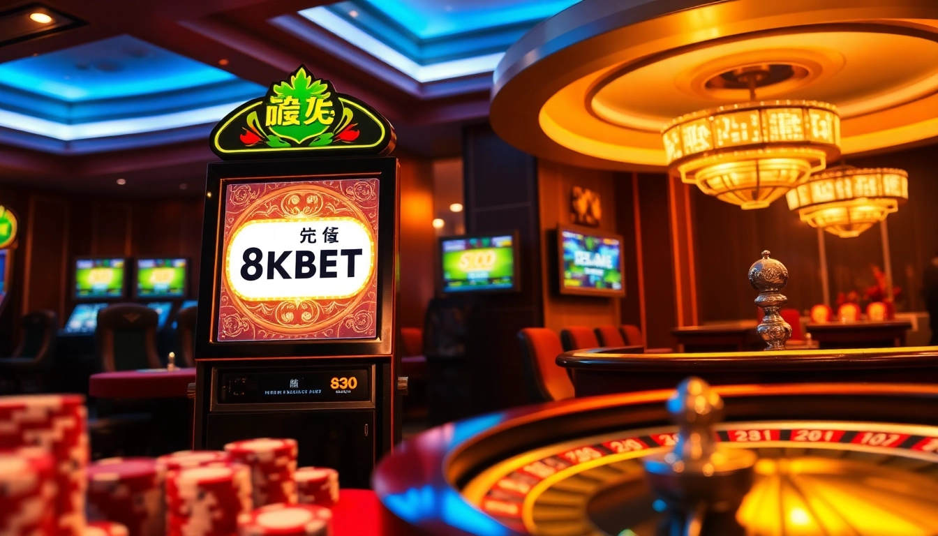 Nổ hũ 8KBET slot machine showcasing excitement and luxury in a vibrant casino atmosphere.