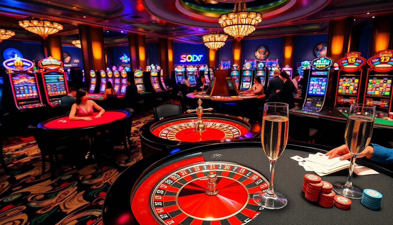 SODO Casino showcasing vibrant tables, roulette, and players enjoying luxury gambling.