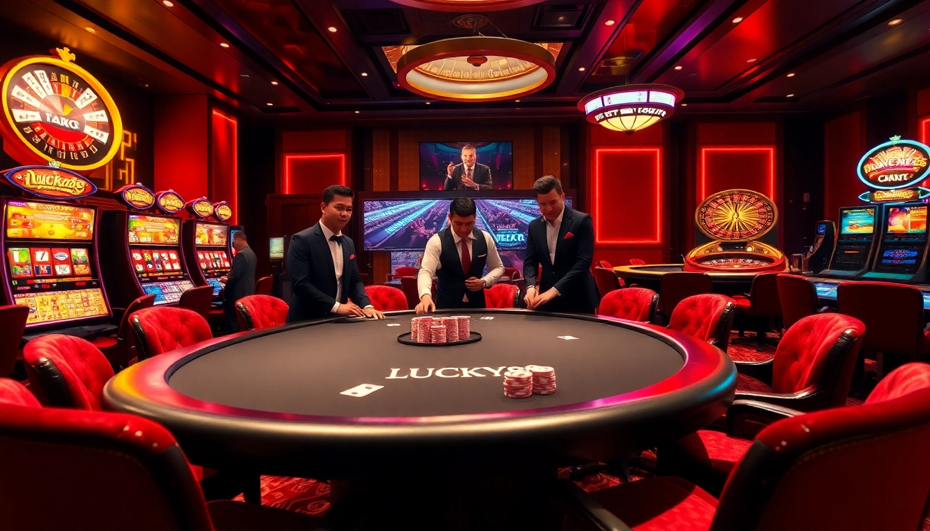 Experience high-stakes gaming at LUCKY88 casino with vibrant tables and luxury settings.