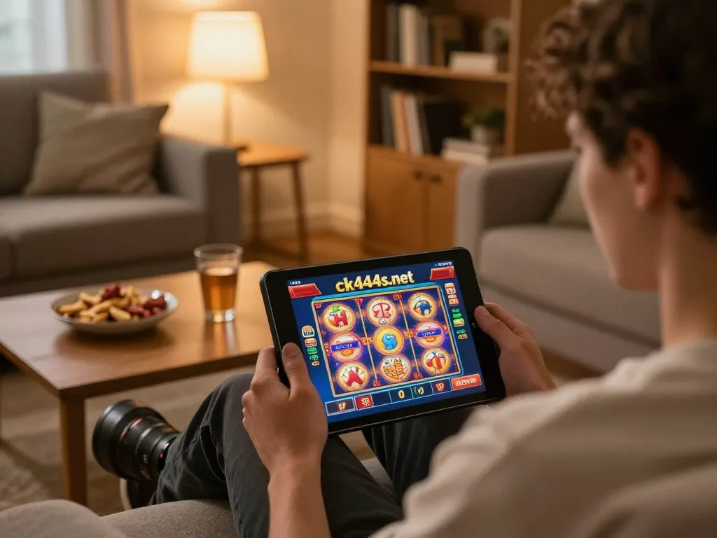 Person enjoying gaming on ck444s.net in a cozy home setting, focusing on online slots