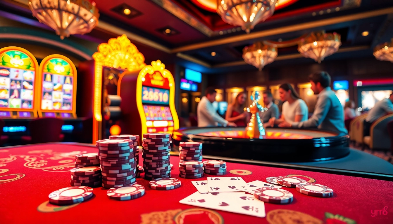 The excitement of players at https://urr88.com/ featured at a luxurious casino table, with poker chips and cards.