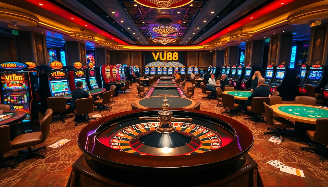 Experience the thrill of VU88 with vibrant casino tables and playing cards in action.
