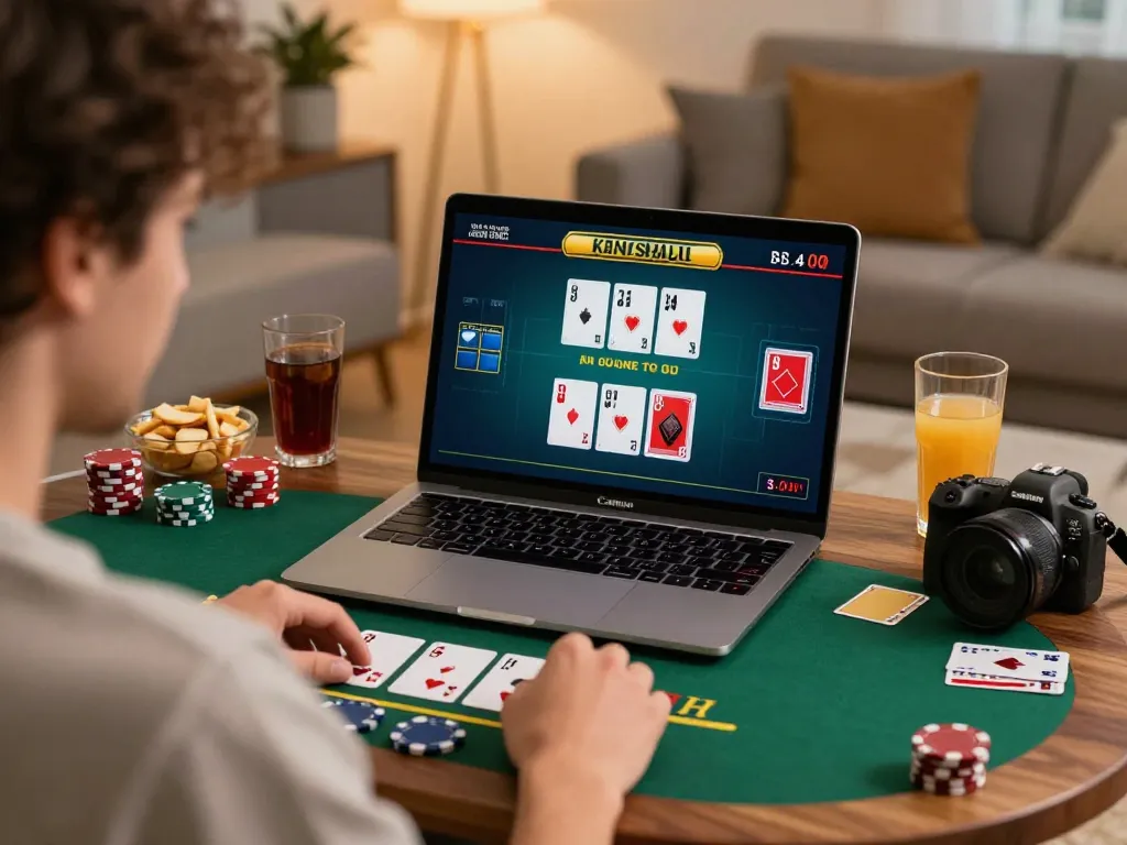 Player engaging in live dealer blackjack via LC88, showing excitement and home comfort.