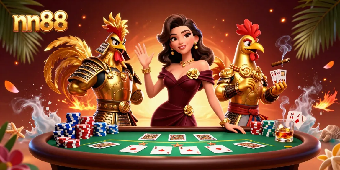 Experience thrilling poker action with nn88 in this vibrant 3D illustration featuring gamers and iconic casino elements.
