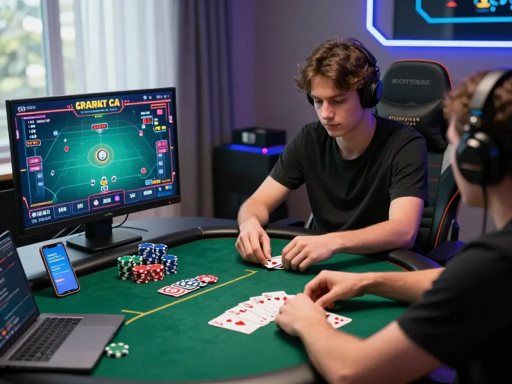 Dynamic online poker gaming scene showcasing rikvip excitement with players, chips, and ambient lighting.